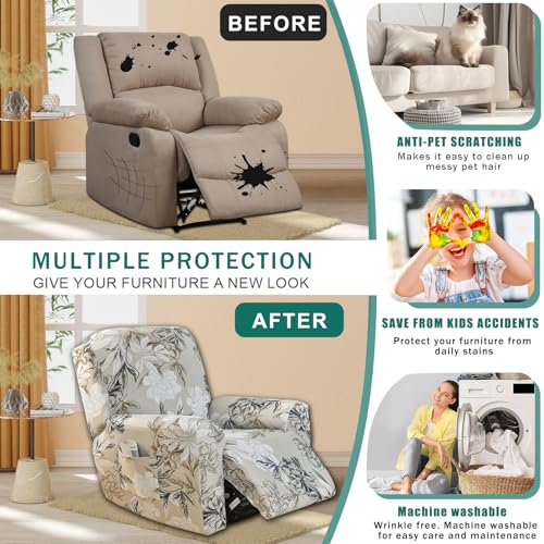 Floral Patterned Stretch Recliner Cover - 4 Piece Anti-Slip Protector