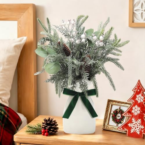 Hanmere Artificial Christmas Pine Branches with Vase - Red Berry, Green Variation