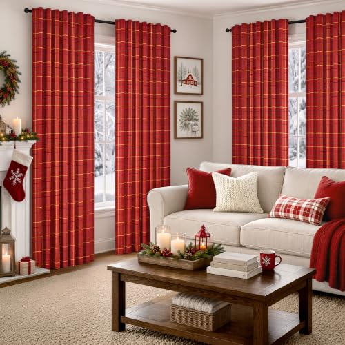 MIULEE Red Plaid Gingham Curtains 2 Panels 52W x 95L - Farmhouse Window Drapes