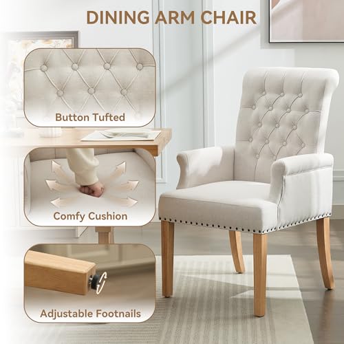 Upholstered Dining Chair with Arms, Tufted High Back Accent Armchair