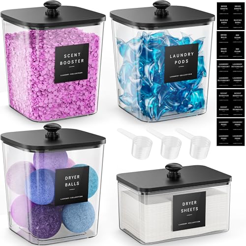 4-Piece Laundry Room Organization Container Set with Black Wooden Lids
