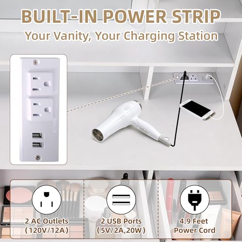42-Inch Makeup Vanity Desk with LED Lighted Mirror, Power Outlet & Storage