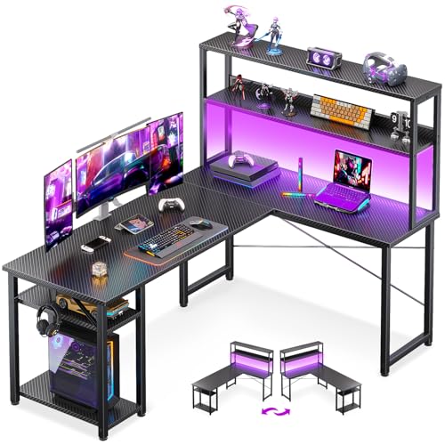 53-Inch L-Shaped Gaming Desk with Hutch, LED Lights, and Storage Shelves