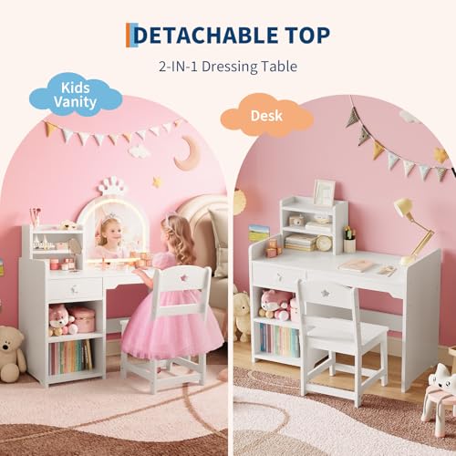 4-Piece Kids Vanity Set with Lighted Mirror, Chair, and Storage Cabinet