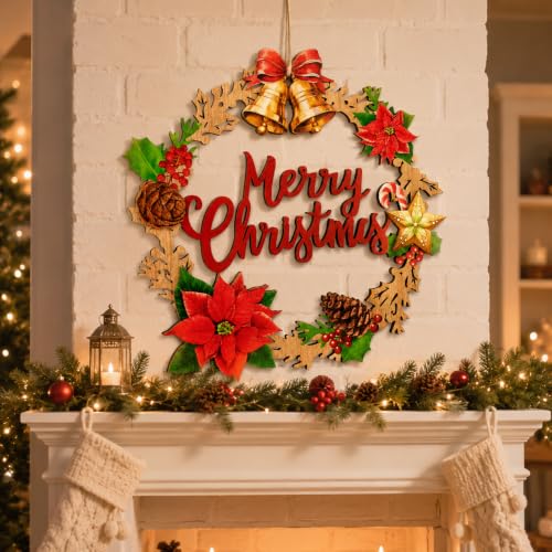 SWEKKE Style7 Christmas Wooden Door Sign - Hanging Wreath Decor with Bells, Poinsettia & Pine Cone