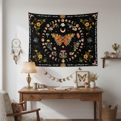 Orange Butterfly Moon Floral Tapestry - Boho Wall Hanging Decor (36" x 48")