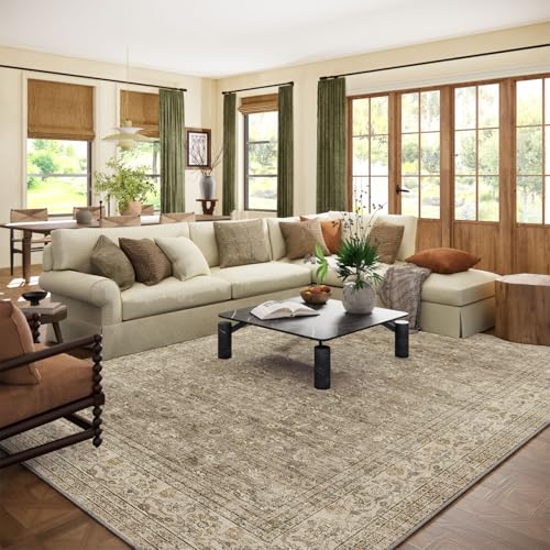 Vintage 9x12 Washable Area Rug - Non-Slip Stain-Resistant Low-Pile Carpet