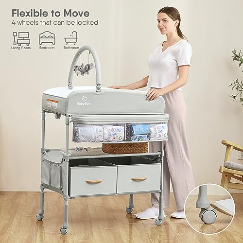 Foldable Baby Changing Table with Lockable Wheels & Storage Baskets (Beige)