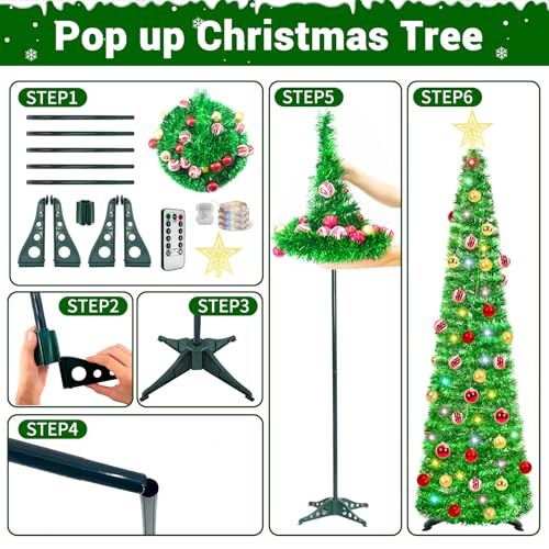 HISFFOG 5ft Prelit Green Tinsel Artificial Christmas Tree with 8 Light Modes & Remote