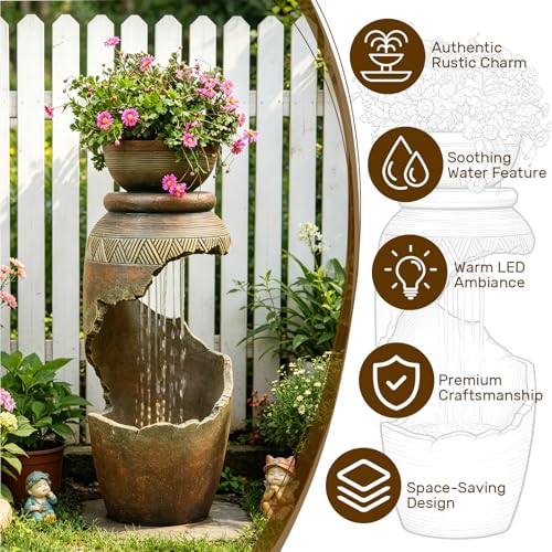 Modern Spiral Tiered Outdoor Water Fountain with LED Light & Planter
