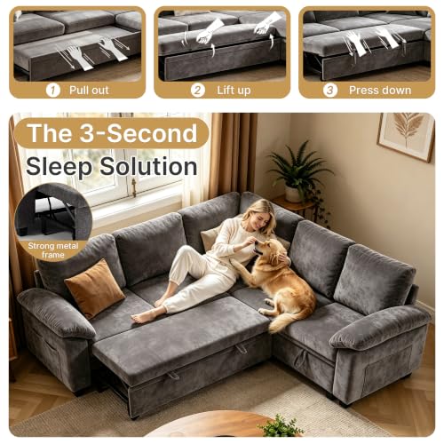 5-Seat Modular Sectional Sleeper Sofa with Pull-Out Bed and Storage, Grey