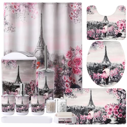 Pink Paris 9-Piece Bathroom Accessories Set with Shower Curtain & Trash Can