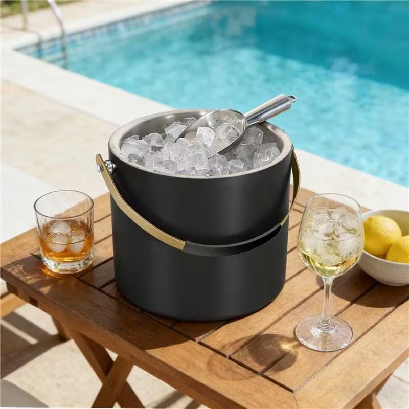 Insulated Stainless Steel Ice Bucket with Lid & Scoop, 3.2L (Black)