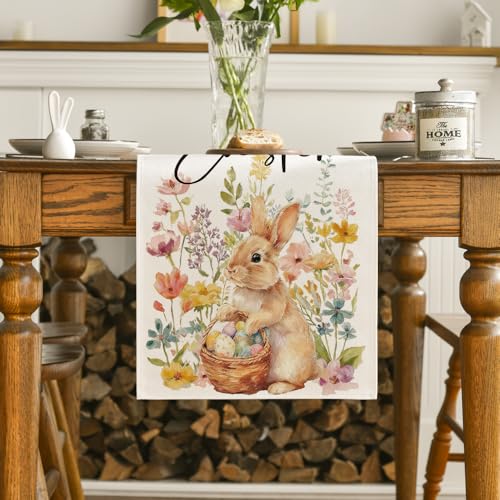 Artoid Mode 13x120 Inch Easter Table Runner with Bunny Eggs Flowers in Beige