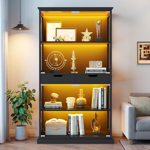 4-Tier Glass Display Cabinet with RGB Lights, Motion Sensor & 2 Drawers