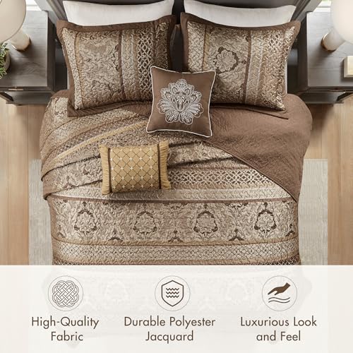 Madison Park King Bedspread Set - 5-Piece Brown Jacquard Damask Quilt