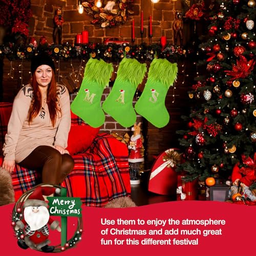 Bemuiz 18 Inch Green Monogram Christmas Stocking - F Variation, Elf Fur Trim
