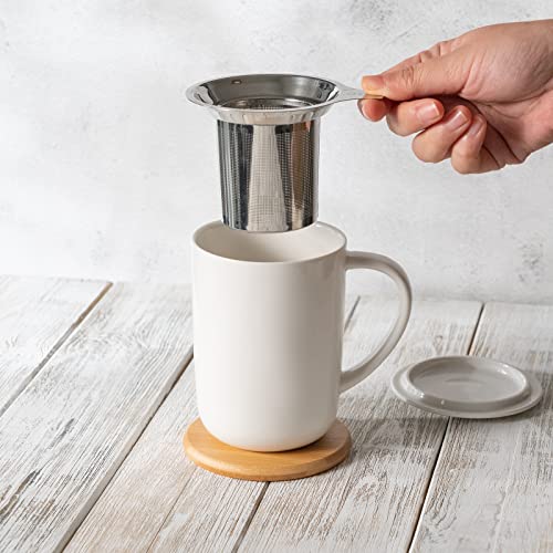 White Porcelain Tea Mug with Infuser, Lid & Coaster - 16oz CEFU