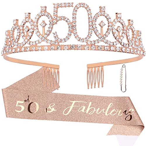50th Birthday Decorations for Women - Rose Gold Sash and Rhinestone Crown Kit