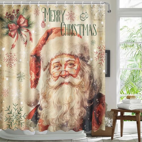 MEHOFOND Vintage Christmas Santa Claus Shower Curtain with Snowflake Design - Waterproof Fabric, 72x72 Inch, Includes 12 Hooks