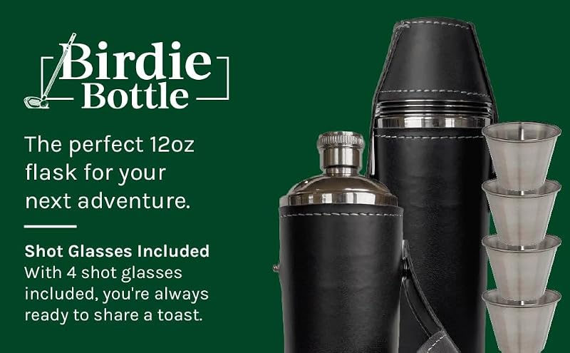 Birdie Bottle 12oz Black Flask with 4 Shot Glasses - Stainless Steel, Waterproof Leather Case, Travel
