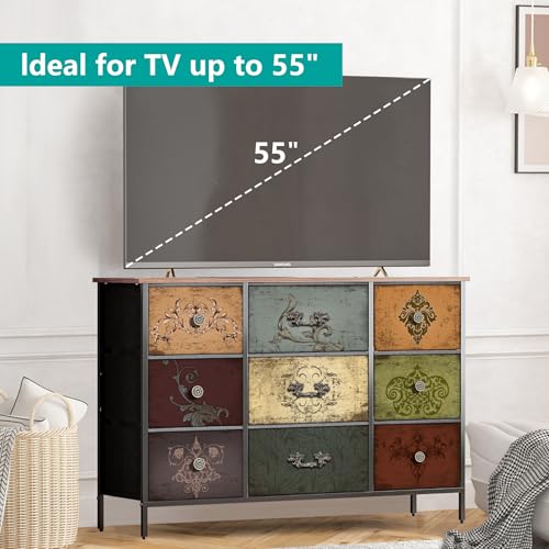 9-Drawer Fabric Dresser with Floral Print, Wide Storage Cabinet for Bedroom
