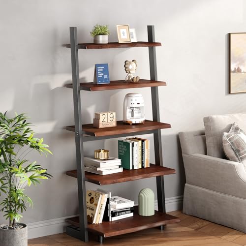 5-Tier Solid Wood Ladder Bookshelf, Rustic Walnut Leaning Storage Shelf