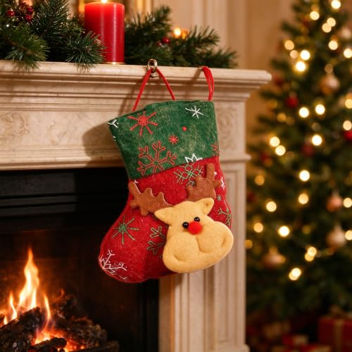 BAMIFEI Christmas Stocking 6.3 Inch Red 3D Reindeer Design - 09, Plush Cuff