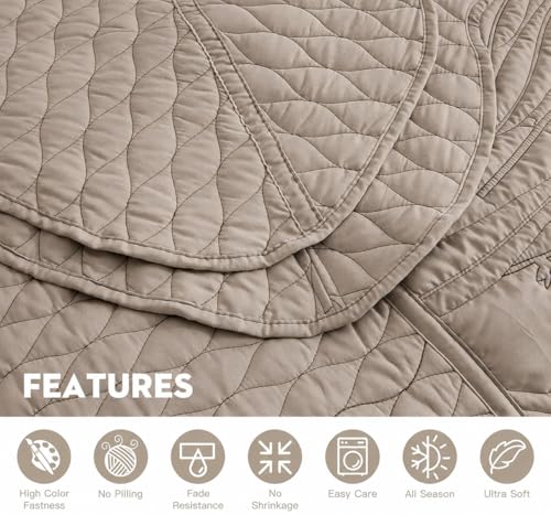 DaisyHuang Oversized King Quilt Bedspread Set - Taupe Leaf Stitching