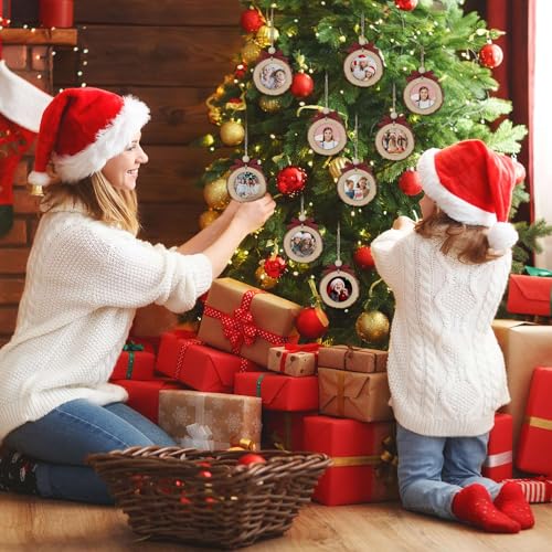 Wonderjune Red & Black Round Wooden Christmas Picture Frame Ornaments with Bow - Set of 24