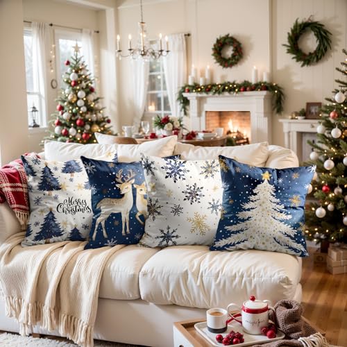 Navy Blue Christmas Throw Pillow Covers Set of 4 18x18 | Velvet Home Decor Pillowcases