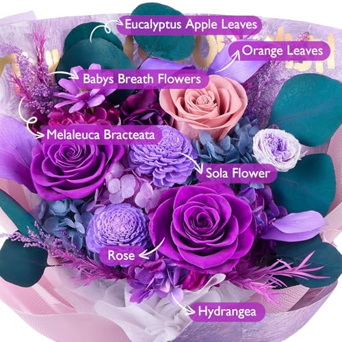 Preserved Purple Roses Bouquet - Real Long-Lasting Flower Gift for Home & Special Occasions
