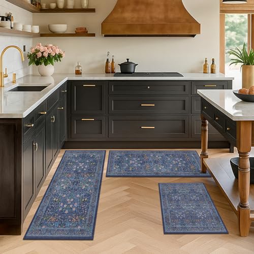 3-Piece Vintage Floral Kitchen Rug Set, Non-Slip Washable Runner Mats