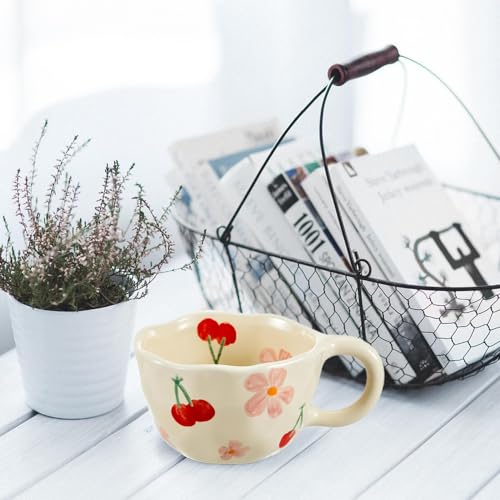 XinHuiGY Pink Flower Handmade Ceramic Coffee Mug with Spoon 8oz – Cute Kawaii Tea Cup for Women, Mothers Day Gift