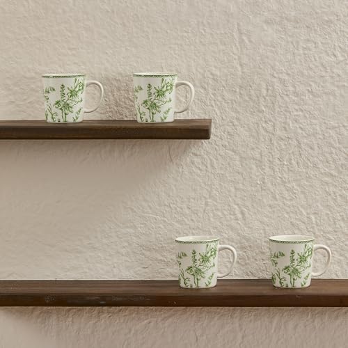 Bico Green Garden Toile de Jouy 18 oz Mugs Set of 4 – Lead-Free Ceramic Coffee Tea Cups with Large Handles