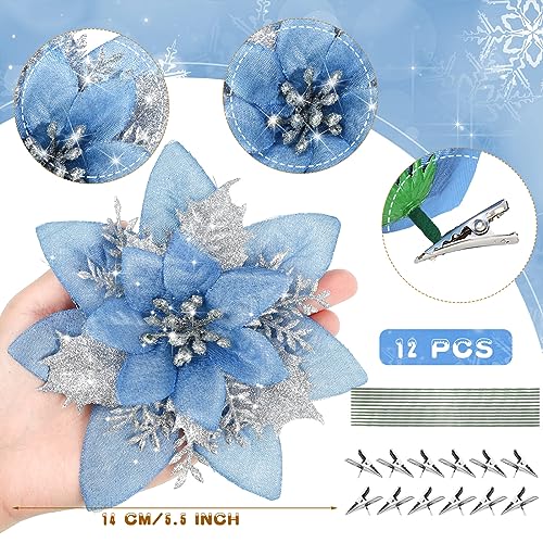 Geosar 36 Pieces Light Blue and Silver Artificial Poinsettia Christmas Flowers