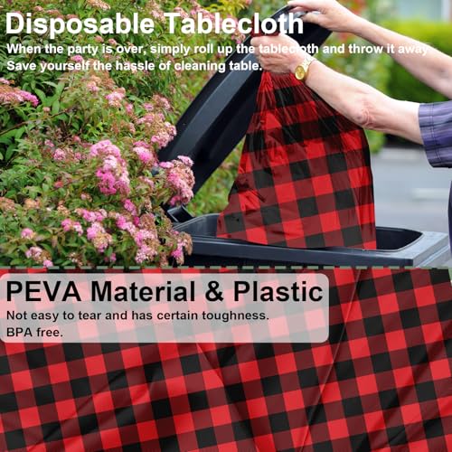 CINSOEN 4 Pack Red & Black Checkered Tablecloth 54x108 Inch Disposable Gingham Plastic