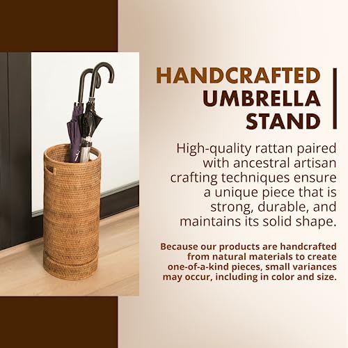 Handwoven Rattan Umbrella Stand with Drip Tray, 21-Inch Tall Entryway Holder