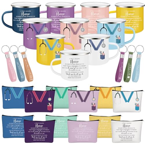 Hushee Nurse Appreciation Gift Set, 18 Pcs - 6 Enamel Mugs, 6 Makeup Bags, 6 Keychains (Gentle Color / 18)