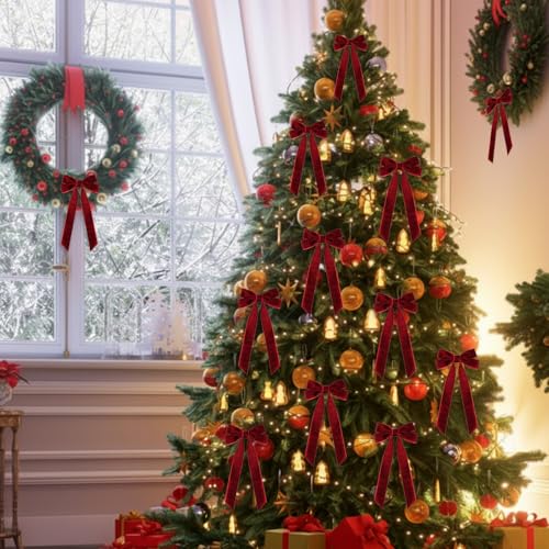 Ulico Burgundy Velvet Christmas Bows - 16 Pcs Holiday Tree Decorations