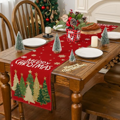 Siilues Christmas Table Runner 13x36 in - Trees, Snowflakes & Merry Christmas, Holiday Decor