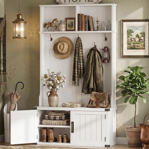 Farmhouse Entryway Hall Tree with Bench, Shoe Storage, and Coat Rack