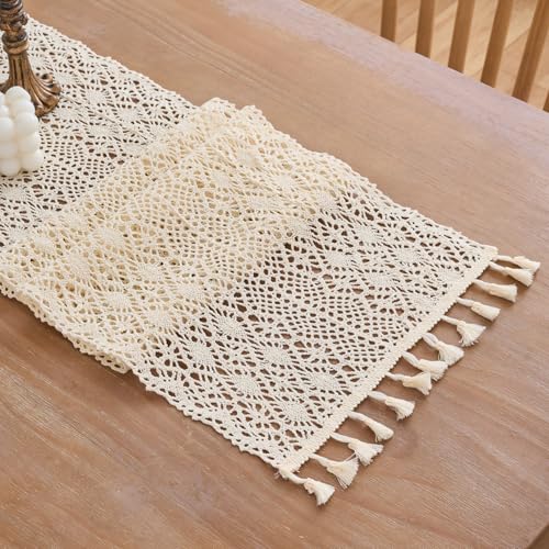 60 Inch Beige Boho Crochet Table Runner - 12"W x 60"L Beige Rhomb, Cotton Lace