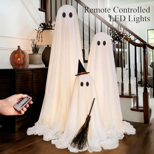 Set of 3 Light Up Ghost Halloween Decorations with Remote & Timer