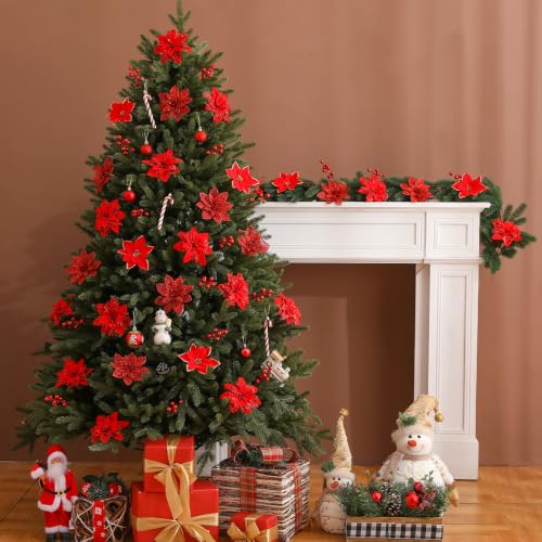 Nubry 30Pcs Red Glitter Poinsettia with Clips & Berry Picks - Red-30