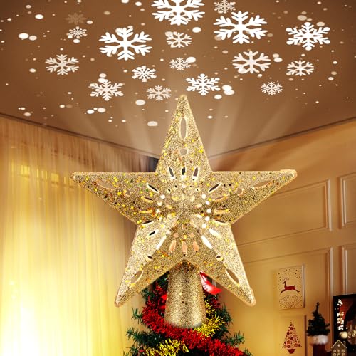 Christmas Star Tree Topper with LED Snowflake Projector Light, 10-Inch
