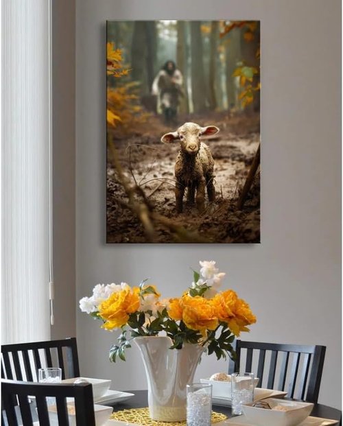 Jesus Wall Art | Large Canvas Print of Jesus Running After Lost Lamb | 24” x 36” Home Decor