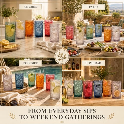 Khen Multicolor 6-Pack 14oz Shatterproof Acrylic Highball Glasses Set with Hobnail Beaded Design