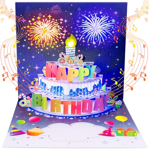 INPHER Blue 3D Pop Up Fireworks Birthday Card with Music & Light - Gifts for Women & Men
