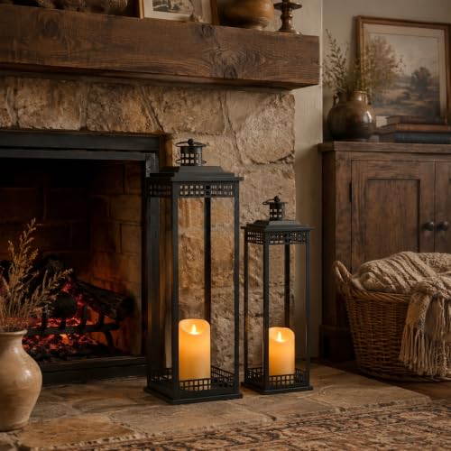 Large Lanterns Decorative Indoor 23in & 17in Black Floor Lanterns with Candles – 2 Pcs
